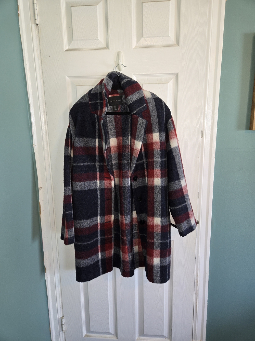 Tahari Plaid Sweater Coat - Navy & Red